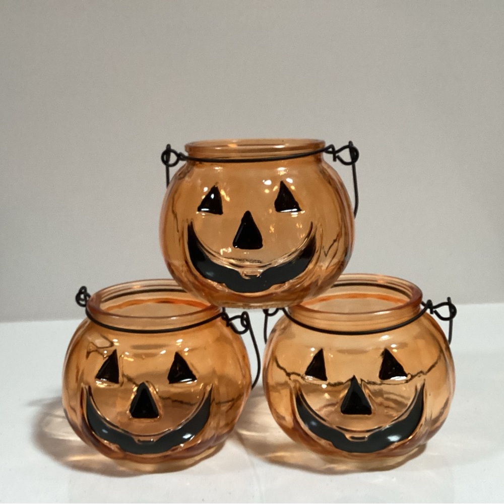 Set Of Three Orange Jack-O-Lanterns Candle Holders